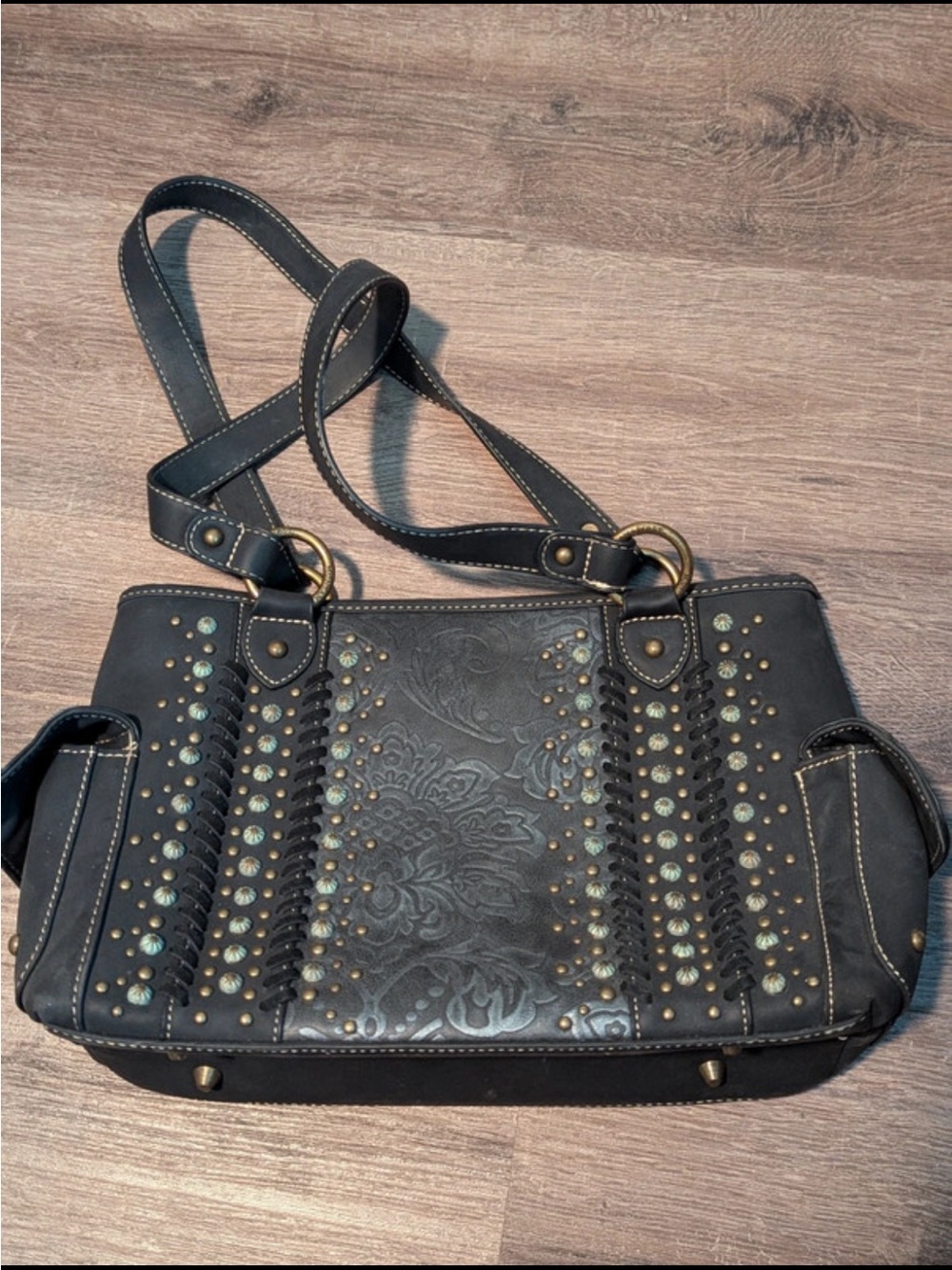 Montana West Conceal Carry Tote Handbag - Black Western Tooled Studded Purse